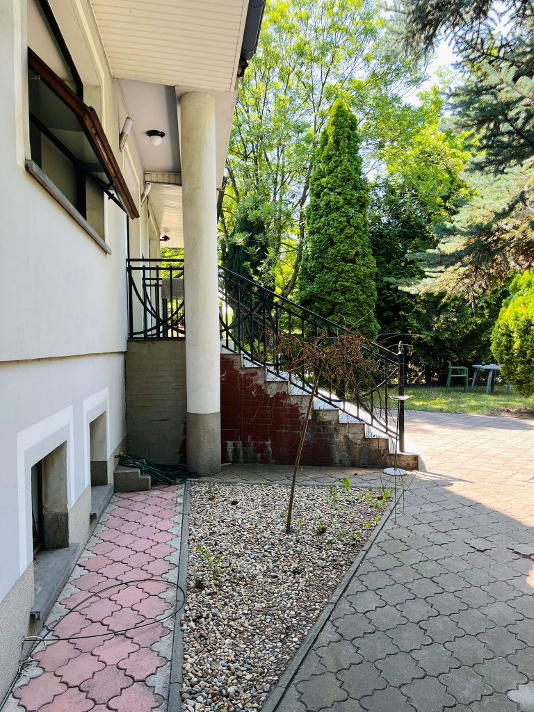 Збоку будівлі клініки "Ренесанс" — сходи та клумба